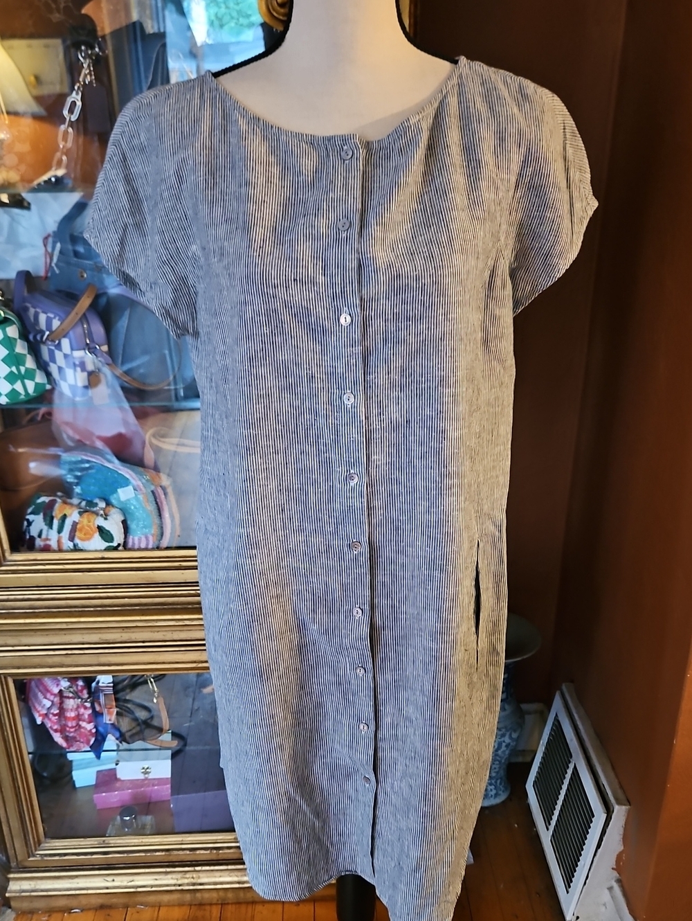 Eileen Fisher Blue-White Striped Button-Front Linen Shift Dress